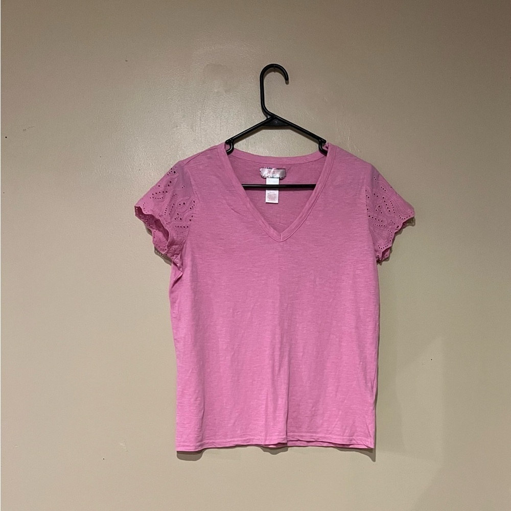 Stella Parker Collection Pink V Neck Scalloped Eyelet Sleeve 100% Cotton Top S